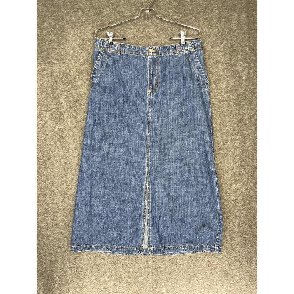 Y2K White Stag Denim Maxi Skirt Size 12 Front Slit Classic Modest Jean Preppy